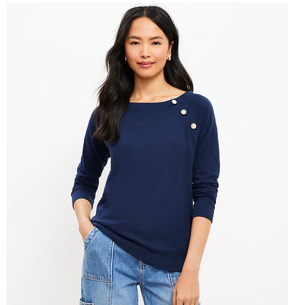 LOFT Blue Knit Boatneck Top Long Sleeve Button Trim Small NWT
